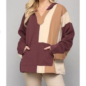 Gigio Oversized Terry Color Block Hoodie in Wine Mix